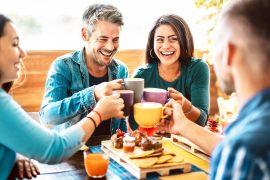 People,Group,Toasting,Latte,At,Coffee,Bar,Rooftop,-,Friends