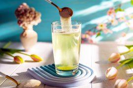 Matcha,Collagen,Powder,Is,Add,To,Glass,Of,Water,With
