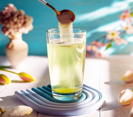 Matcha,Collagen,Powder,Is,Add,To,Glass,Of,Water,With