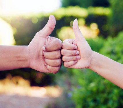 Outdoor,,Couple,And,Thumbs,Up,For,Support,,Fist,Bump,And