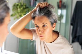 Gray-haired,Mature,Middle-aged,Woman,Looks,At,Herself,In,The,Bathroom