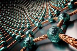 3d,Rendering,Of,Graphene,Surface,,Blue,Atoms,And,Orange,Bonds,