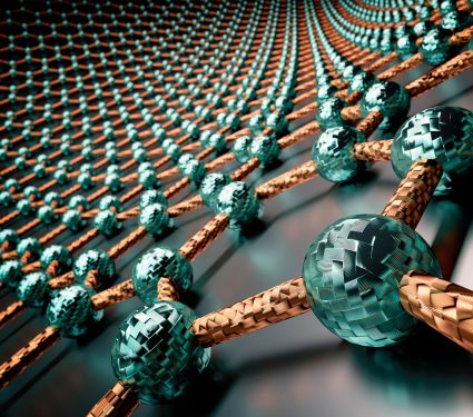 3d,Rendering,Of,Graphene,Surface,,Blue,Atoms,And,Orange,Bonds,