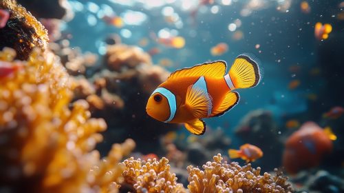 A,Vibrant,Clownfish,Swims,Amongst,Colorful,Coral,In,A,Clear