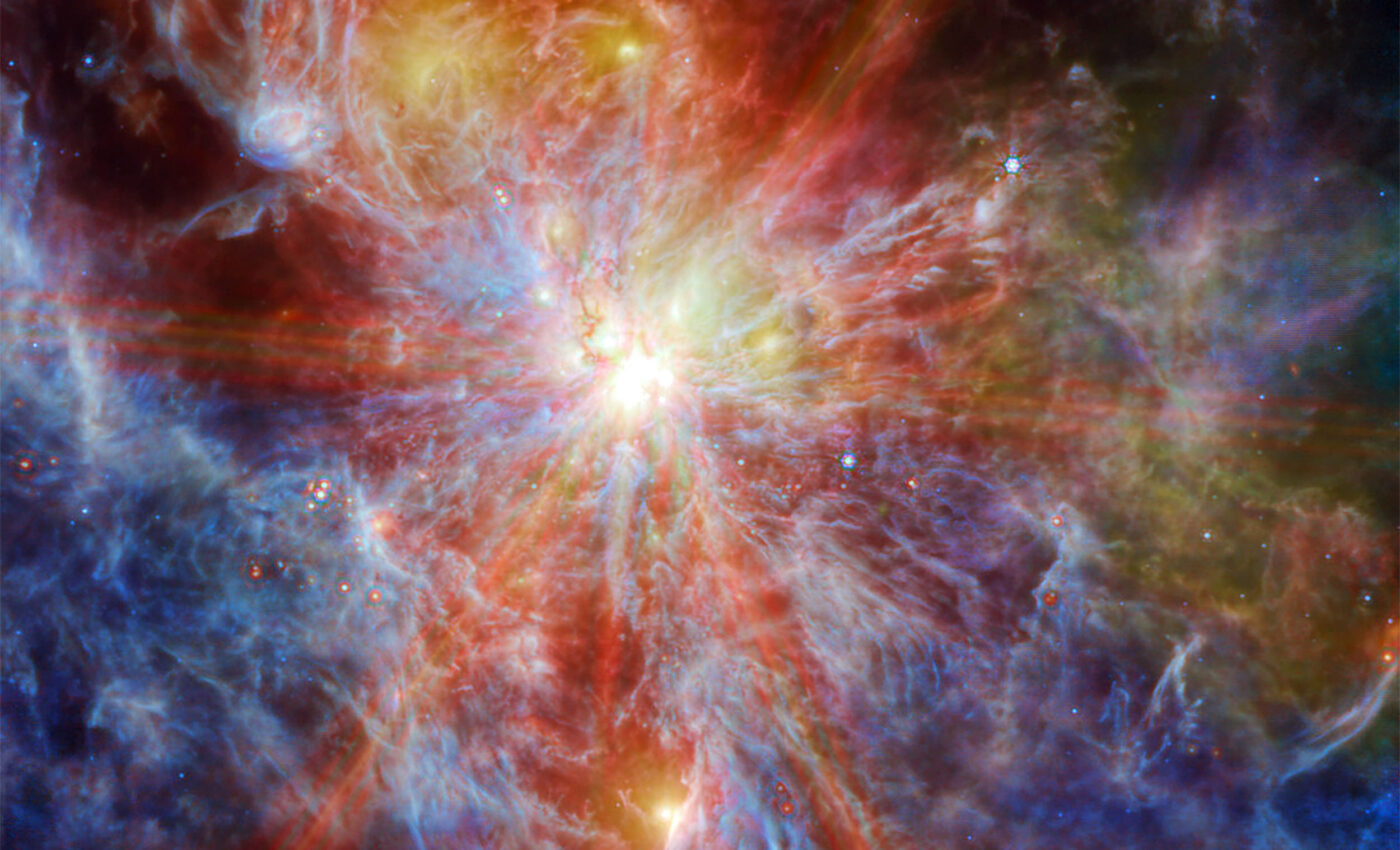 Starburst spikes seen exploding from nebula N79 are 1630 light-years long