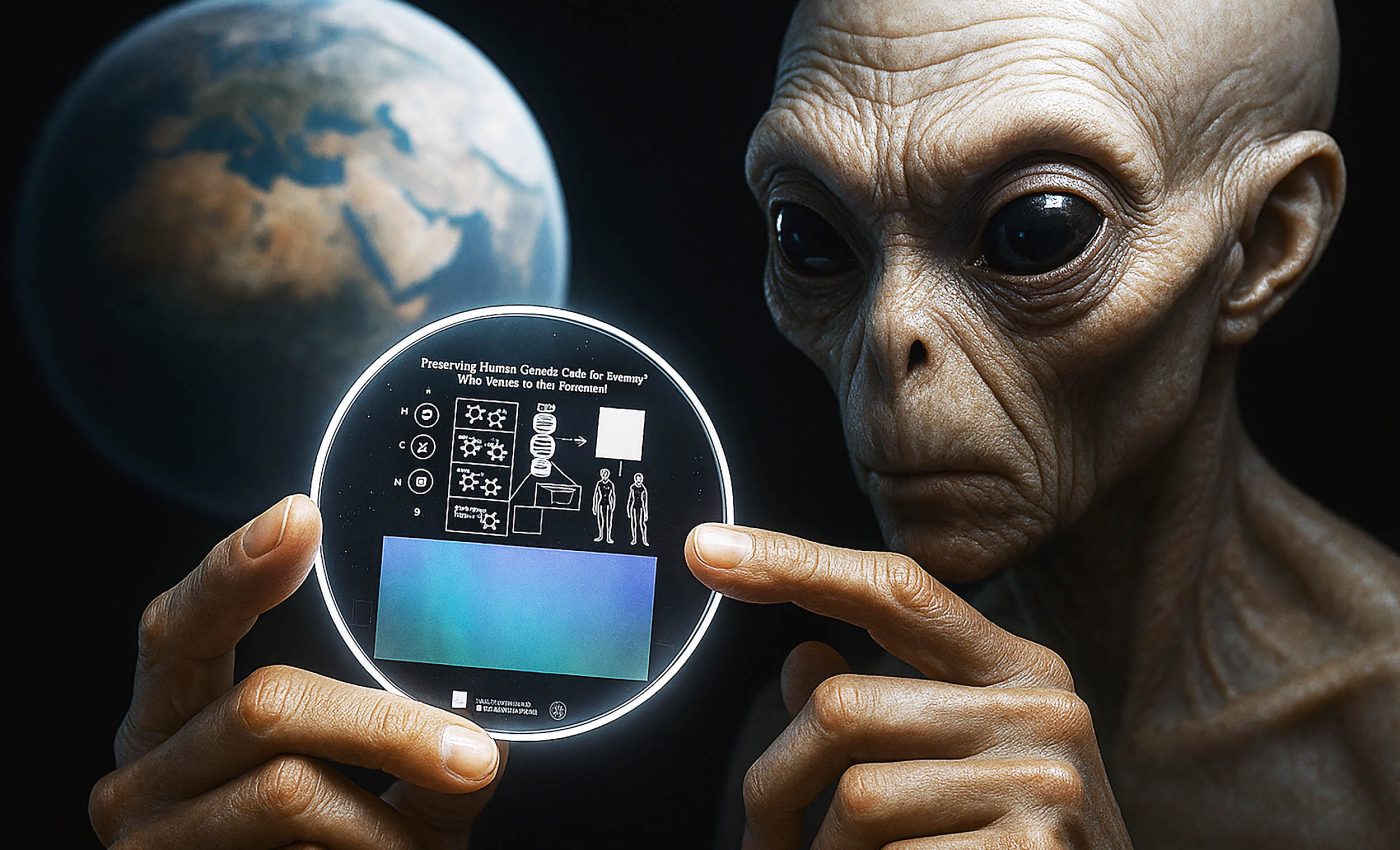 The human genome is stored on this tiny crystal disk, hoping future visitors will 'de-extinct' us